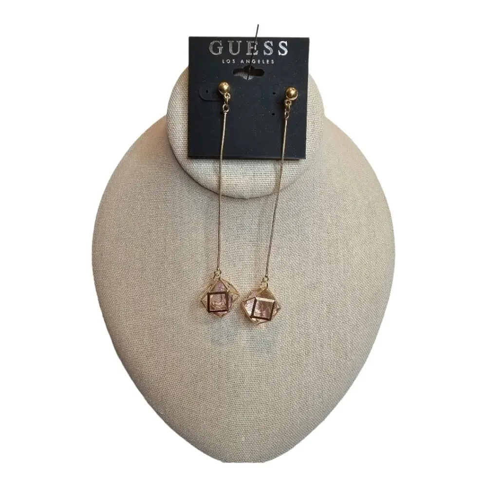 Guess Los Angeles  Gold Toned Long Geometric Cage w/ Floating Pink Crystal